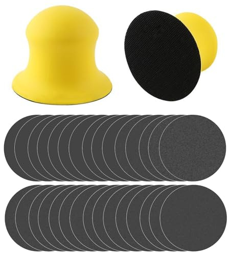 Zyiphor 2 Stück 3 zoll Schleifklotz Klett Set, Haken und Schlaufe Handschleifblock Polier, Handschleifblock Rund mit 30 Blatt Schleifpapier, Handschleifer Rund Klett für DIY Holzbearbeitung