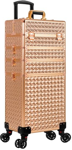 Arous 5-i-1 professionellt rullande makeupfodral aluminium kosmetisk låda extra stor vagn makeup reseorganisatör, med 360° vridbara hjul, Guld, 5-i-1
