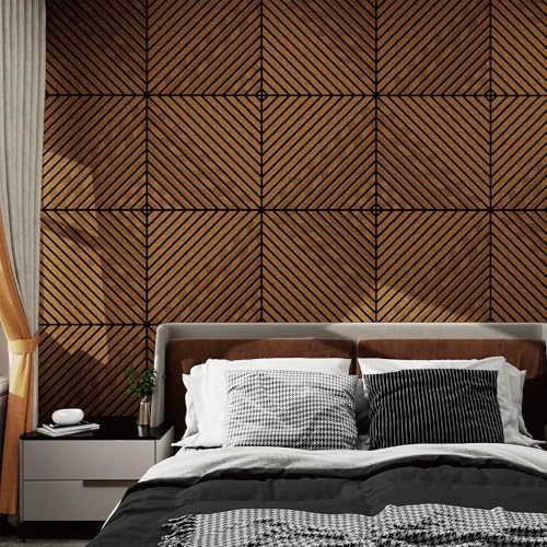 NEU.HOLZ Set di 4 Pannelli Murali 3D Fonoassorbenti 60x60 cm a Listelli Diagonali per Pareti Soffitti Moduli Decorativi Copertura 1,44 m² - Effetto Legno Teak