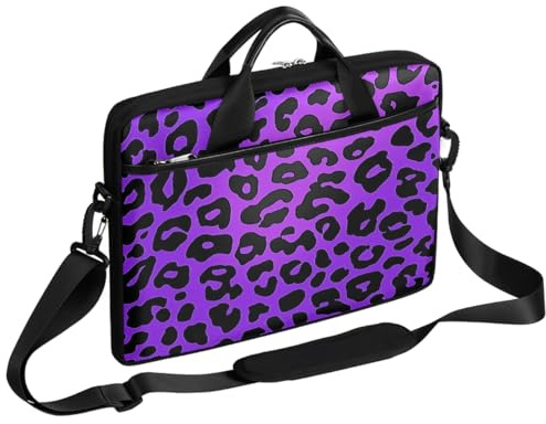 Helhappy Bolsa de hombro para laptop de 15 pulgadas, estampado de leopardo morado y negro, bolsa de mensajero, tela duradera e impermeable para hombres y mujeres