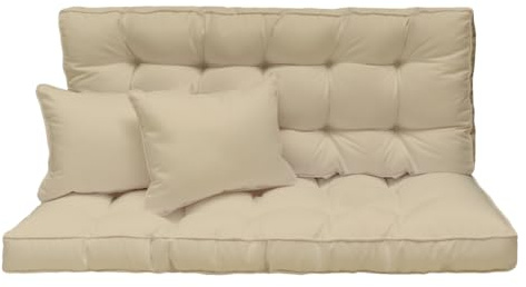 Hollywoodschaukel Auflage 150x50 cm - 3-Sitzer Set: Sitzkissen und Rückenkissen – gesteppt & dick gepolstert 10 cm – Kissen für Gartenbank, Palettenbank, Balkonbank & Terrasse – Farbe: Beige [133]