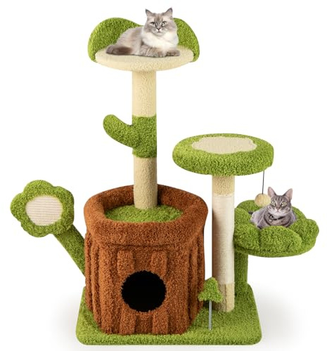 COSTWAY Árbol para Gatos de Bosque, Torre Multinivel con Condominio de Tronco, Percha Floral Acolchada, Rascador de Sisal y Juguetes, Centro de Actividades para Gatitos y Adultos, Verde + Marrón