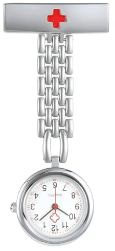 JSDDE Montre Infirmières en Acier Inoxydable avec Broche Montre de Poche Gousset Médecins Bracelet Maille Chiffres Arabes Gravuer Croix Rouge avec Épingle Sûreté Cadeau pour Personnel Médical