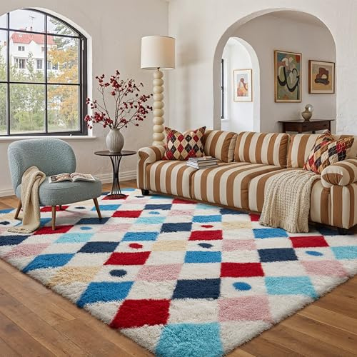 HUGEAR Kariert Flauschig Teppich Wohnzimmer 160x230cm Multicolore Shaggy Carpet
