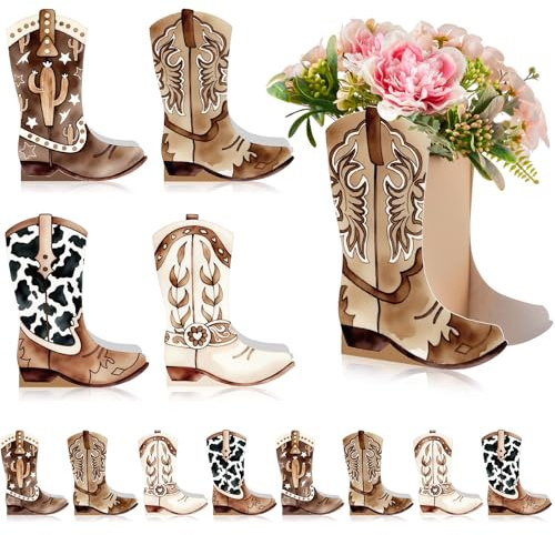 Memorywuu 12 Set Western Boots Flower Boxes Centerpiece Boot Shape Gift Boxes Party Decoration Vase Centerpieces for Tables Boots Rodeo Birthday Baby Shower Supplies (Western,Cowboy Cow)