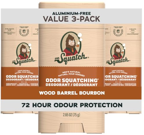 Dr. Squatch Natural Deodorant for Men - Odor-Squatching Aluminium Free - Wood Barrel Bourbon (2.65 oz, 3-Pack)