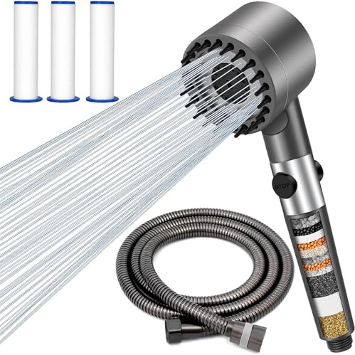 Soffione Doccia con Doccino e Tubo Anticalcare 1.5M - 3+1 Tipi di Getti Regolabili - Doccetta con Filtro e Risparmio Idrico - Set Doccia Alta Pressione Facile da Installare