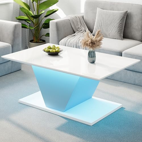 OKMYHOME Table Basse LED - Table Basse Moderne avec Design V et Éclairage LED - 100×50×46 cm - Blanc Laqué