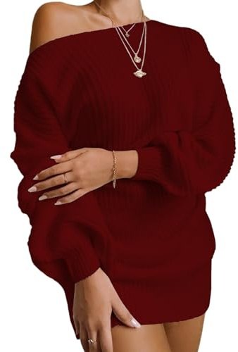 Generisch Vestido de manga larga para mujer, de punto, holgado, holgado, con estampado de farolillos y hombros descubiertos, para otoño/invierno, rojo vino, M
