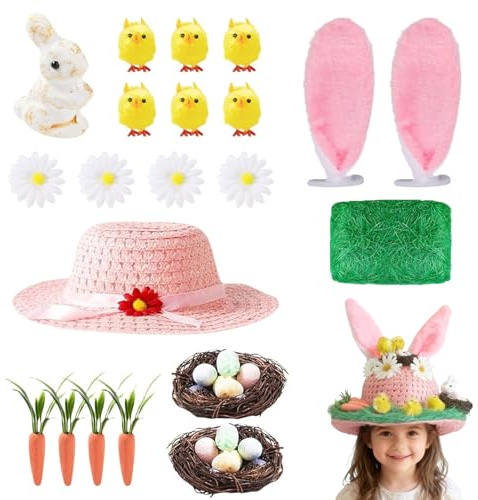Easter Bonnet Kit – Make Your Own Easter Hat Craft Set with Bunny, Chick, Carrot, Rabbit Ears, Nest, Grass & Flowers, DIY Easter Bonnet Decorations, Fun Bonnet Hat Activities for Boys & Girls