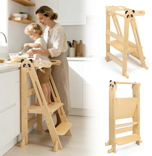 SOFTHOM Montessori Lernturm Klappbar ab 1 Jahr, 3-Fach Höhenverstellbar | Learning Tower aus Birke, Platzsparender, Sicherheitshandlauf&Kippschutz, Tritthocker für Küche, Tisch, Bad, 1-8