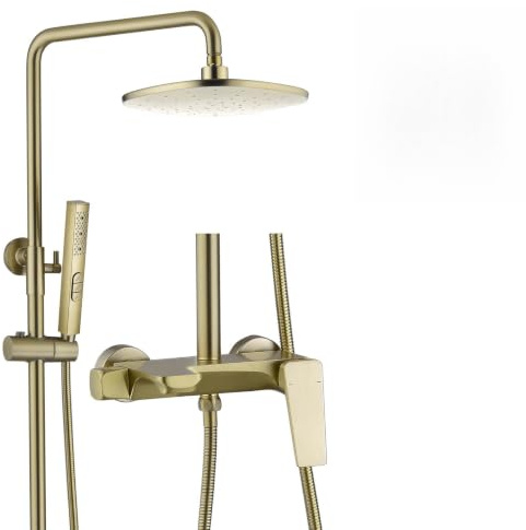 SWHC Colonna Doccia, con Miscelatore Monocomando Altezza Regolabile Sistem di Doccia, con 24cm ABS Rotondo Soffione, 3 Funzioni Doccetta, Rubinetto per Vasca a Cascata, Corpo valvola in Ottone