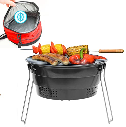 eyepower Faltbarer BBQ Grill mit Kühltasche - Ø 28cm Holzkohlegrill Klappbar mit Füssen - Grill für Unterwegs - Campinggrill Holzkohle Klappbar Minigrill Kohle Camping Kohlegrill Holzkohlegrill Klein