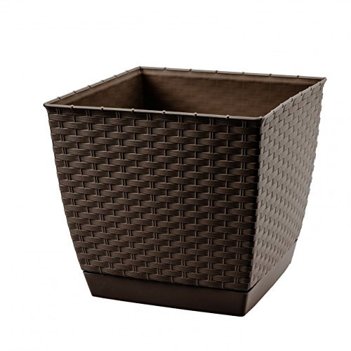 Prosperplast Ratolla Beautiful Rattan Design Plant Pot with Saucer Round or Square (Square 8.2L, Dark Brown)