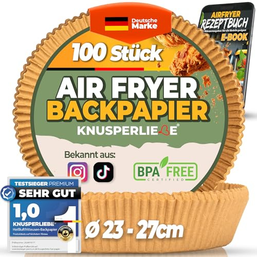KNUSPERLIEBE® Backpapier für Heißluftfritteuse XXL 6,2-8 L, 23-27cm 100 Stück Rund Pergamentpapier Ölbeständige Airfryer Liners, Paper Zubehör für Ofen und Air Fryers