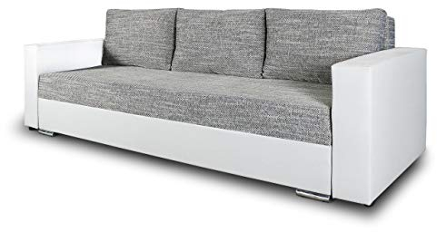 Schlafsofa Bird - Sofa mit Schlaffunktion und Bettkasten, Klappsofa, Schlafcouch mit Chromfüße, Couch, Couchgarnitur, Sofagarnitur (Weiß + Grau (Dolaro 511 + Berlin 01))