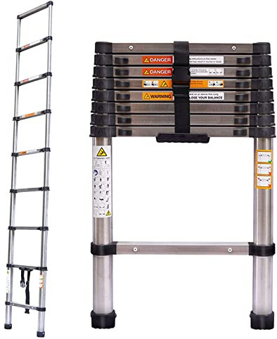 2.6M/8.5FT Steel Telescopic Ladder Multi Purpose 330lbs Capacity Portable Extension 9 Step Ladder with Anti Slip Feet EN131 Standard