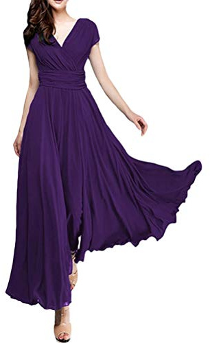 Yesgirl Femmes V-Neck Soirée Longue Robe Mousseline De Soie Manche Courte Soirée Longue Maxi Robe Femme Sexy Robe De Soirée Grande Taille Violet 38