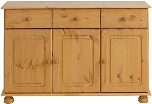 Loft24 A/S Kommode Sideboard Landhaus Mehrzweckschrank Beistellschrank Kiefer Massivholz (gebeizt geölt, 3-TRG, 120 x 34 x 77 cm)
