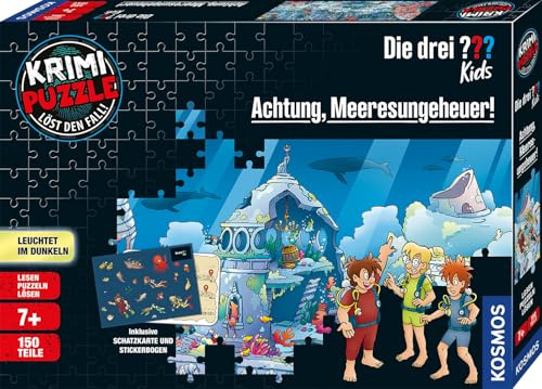 Die drei ??? Kids - Krimi Puzzle - Achtung, Meeresungeheuer von KOSMOS 680664, 150 Teile, Leuchtet im Dunkeln, Lesen, Puzzeln, Rätsel lösen, Detektiv Puzzle für Kinder ab 7 Jahre