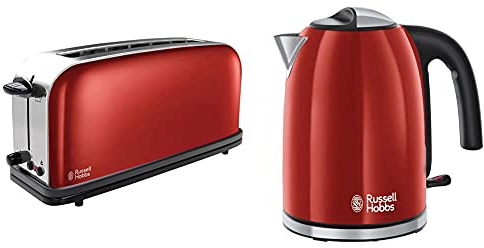 Russell Hobbs 21391-56 Colours Plus - Tostadora, Ranura Larga y Ancha, para 2 Rebanadas, Acero Inoxidable + Hobbs Colours Plus - Hervidor de Agua Eléctrico (2400 W, 1,7l, Acero Inoxidable, Rojo)