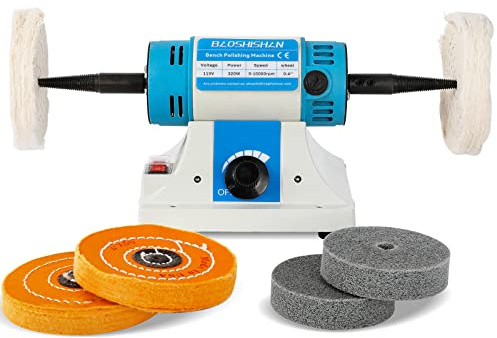 BAOSHISHAN Bench Buffer Jewelry Polisher, with 3 Types Polishing Wheels, Variable Speed Benchtop Polishing Buffing Machine for Jewelry, Wood, Metal, Lathe, Jade (With Wheels 110V)