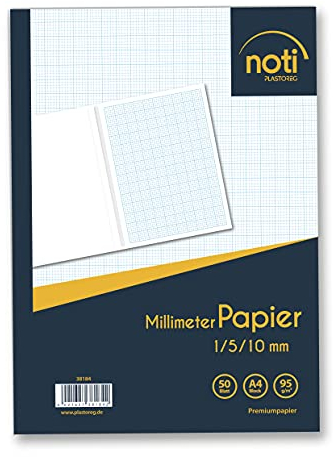 Plastoreg Millimeterpapier/Millimeterblock A4-50 Seiten Premiumpapier 95g/m² mit blauen Raster/Linien in 1/5/10mm u.a. für technische Zeichnungen