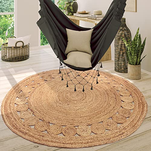 Paco Home Teppich Rund Wohnzimmer Jute Boho Ethno Muster Modern Handgefertigt Naturteppich, Grösse:120 cm Rund, Farbe:Natur