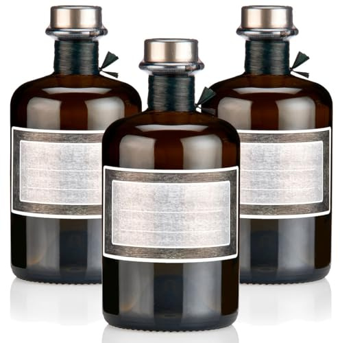 3x Apothekerflaschen braun 500ml Geschenkset mit Korken titansilber matt, Band, Kapseln & 3 Etiketten Motiv Rahmen, 0,5L leere Glasflaschen schwarz antik, Braunglas Flaschen für Öl, Gin uvm.