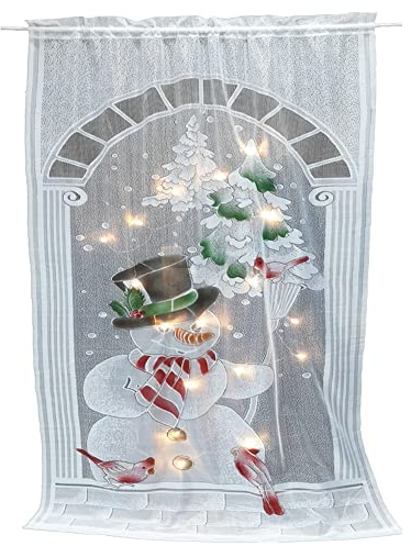 JAWSEU Weihnachts Vorhänge Weihnachts Scheibengardine Gardinen mit LED Spitze Vorhänge Transparent Scheibengardine Weihnachten Deko für Küche Badezimmer Tür, 101 x 213 cm Weihnachtsschneemann