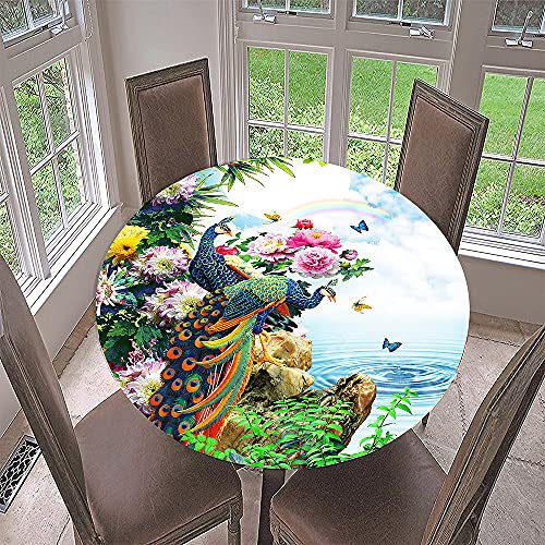 Morbuy Rund Tischdecke Elastisch, 3D Pfau Rund Tischdecken Wasserdicht Lotuseffekt Abwaschbar Abwischbar Tischtuch für Dekoration Küchentisch Garten Outdoor (Durchmesser 130cm,Garten)