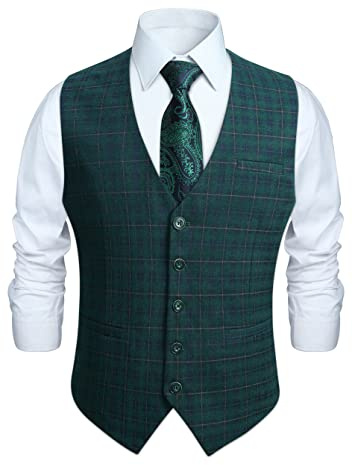 HISDERN Gilet da Abiti da Uomo Matrimonio Formale Business Classico Plaid Elegant Casual Gilet Verde M