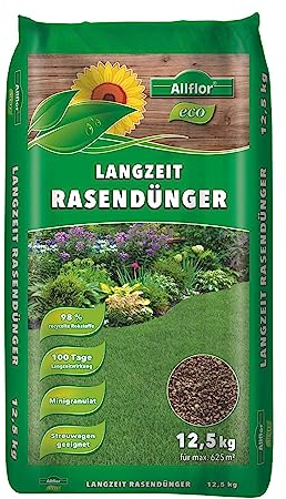 Allflor Langzeit Rasendünger 1 x 12,5 kg I Dünger aus hochwertigen wiederverwerteten Rohstoffen I NPK-Dünger für alle Rasensaaten I Dünger fördert ein dichte Grasnarbe | Für max. 625 m²