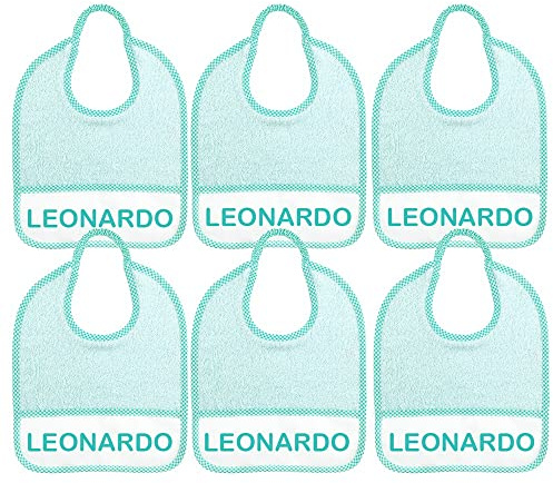 ALMATEX SRL 6 baberos personalizados con nombre medida 24 x 27 cm de rizo con elástico y bolsillo recogemigas personalizado con nombre - 100 % algodón - Made in Italy, Verde
