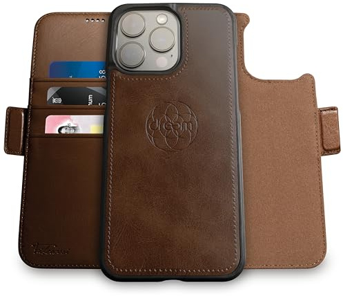 Dreem Vegan Leder Handyhülle für iPhone 14 Pro, Magnetisch & Abnehmbar | Integrierter Handyhalter, RFID-blockierende Kartenhülle, Klapphülle, MagSafe-kompatibel, Geschenkbox [Fibonacci: Schokolade]