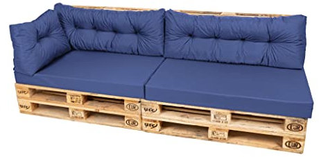 TexDeko Comfort Palettenkissen wasserabweisend 120 x 80 x 12cm XL mit abnehmbarem Bezug waschbar In- & Outdoor Palettenpolster Schaumstoff mit Rückenkissen gesteppt (5 TLG-Set, Blau)