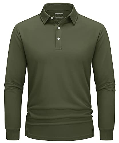 TACVASEN Asciugatura Veloce Polo Uomo Camicia da Trekking Casual Outdoor Golf Tennis Shirt (L, Verde Militare)