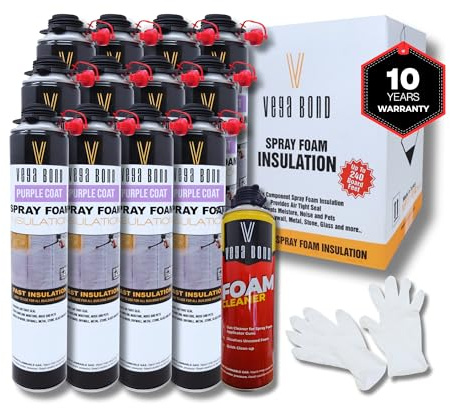 Vega Bond SF001 12-Packs with Cleaner, Premium Single Component, Self Expanding, Purplecoat Closed Cell Insulation Spray Foam, 29 oz w/ 5.66 R-Value, Acoustic Spray (240 Board Feet Coverage)