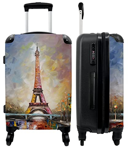 NoBoringSuitcases.com® Grand Valise - Tour Eiffel - Peinture à l'huile - Paris - Bagage léger - 4 Roues - 90 litres - Valise de Voyage - 66 cm