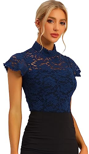 Allegra K Femmes Chemisier Semi-Transparent Manches Courtes Col Montant Dentelle Halloween déguisement Bleu Marine S