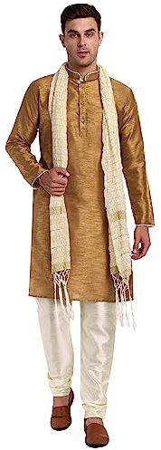 SKAVIJ Homme Indien Ethnique Kurta Pyjama et Écharp Robe (Brun, Small)