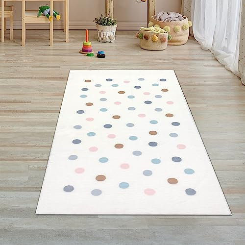 Teppich-Traum Alfombra Infantil Alfombra de Juego Lunares de Colores Crema Suave y fácil de cuidar 80 x 150 cm