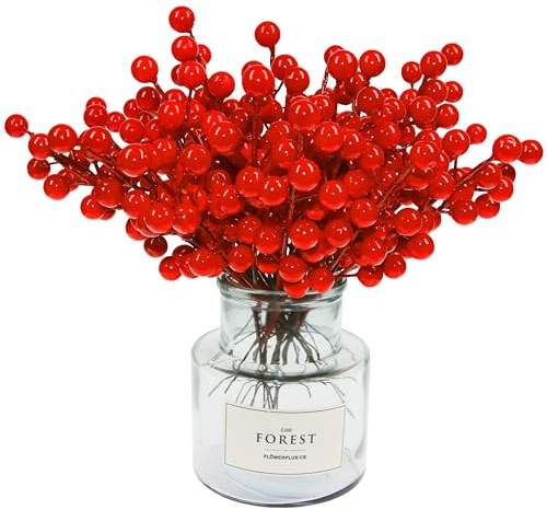 Tinsow Artificial Red Berry Stems Christmas Holly Berry Branches Red Berry Picks for Holiday Home Decor and Crafts (Red, 30)