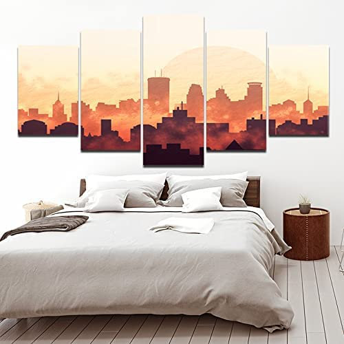 5 Stück Leinwand Wandkunst Vlies Leinwanddrucke 5 Teilig Kunstdruck5 Teilige Leinwandbilder New York City-Silhouette Rahmenlos 200 X 100 Cm Leinwand Modern Wohnzimmer Home Dekoration Wanddeko