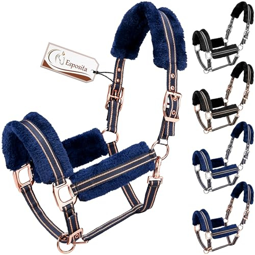 Esposita Halfter Champion Edition Stallhalfter Fellhalfter Flauschhalfter weich unterlegt mit Kunstfell flauschig (Pony, Navy/Rosegold)