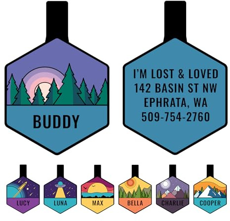 GoTags Silent Dog Tag, Personalized Engraved Hexagon Silicone Dog and Cat Name Pet ID Tags, Soundless No More Jingling Dog Tags with Design (Forest, Purple)