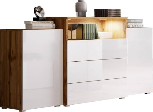 MINIO go for it - Kommode mit Schubladen Korfu III, 150 cm, Sideboard mit LED Beleuchtung, Farbe: Wotan Eiche/Weiss Hochglanz