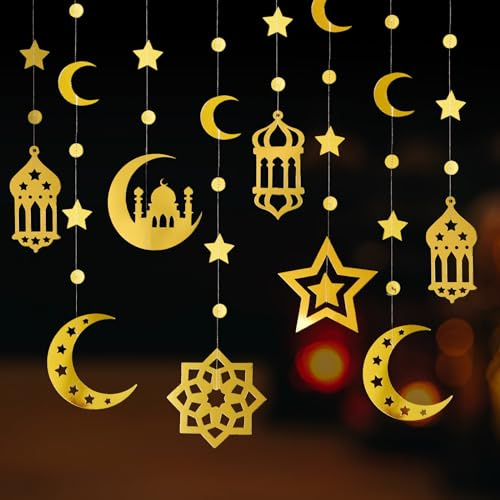 12 Stück 6 Stile Ramadan Dekoration Papier Hängend Banner Anhänger Ornament Mond Sterne Girlande für Eid Mubarak Kareem Party Haus Decken Fenstertür Deko
