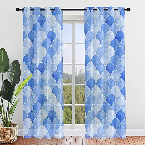 ENEN Vorhänge Wohnzimmer, Gardinen mit Ösen Halbtransparent Gardinen Wohnzimmer, Schlaufenschal 2er Set für Kleine Fenster Küche Wohnzimmer Landhaus (107x160cm,Wasser Blau)