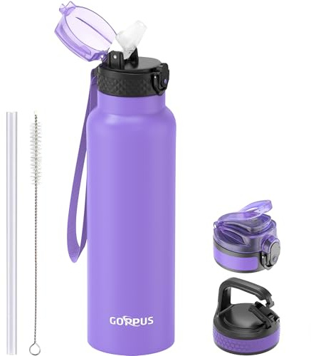 GOPPUS Bouteille d'eau en acier inoxydable de 750 ml avec paille à double paroi isotherme avec sangle, réutilisable, étanche, pour garder les boissons froides avec couvercle à rabat pour homme et